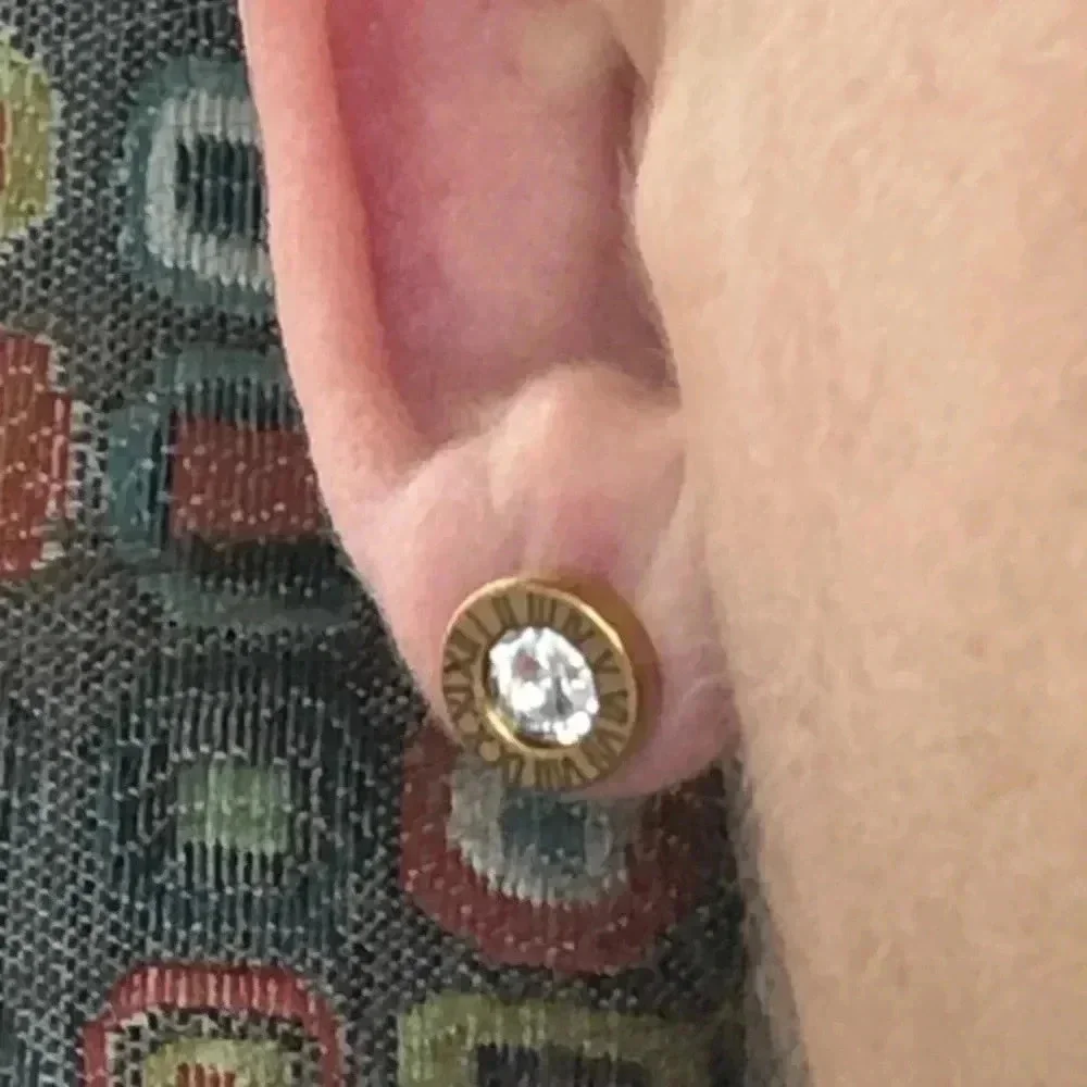 Gold Roman Numerals Designer Style AAA Zircon Stud Earrings NWT
